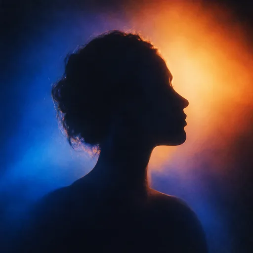 Editorial portrait lit by vivid blue and orange light